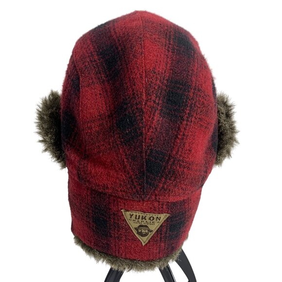 Red Plaid Yukon Charlies Trapper Hunting Hat Faux Fur, Ear + Chin Straps SZ L/XL - Picture 3 of 9
